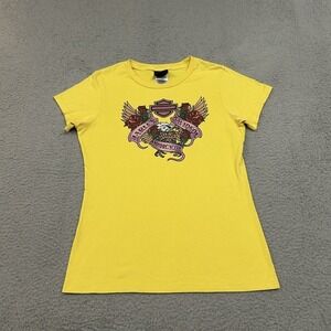 Harley Davidson Shirt Womens Medium‎ Yellow Short Sleeve Eagle Roses Y2K Biker